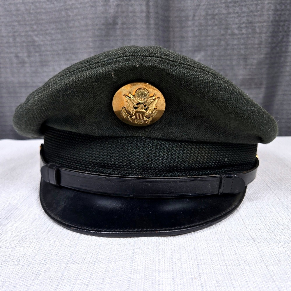 Vintage US Army Enlisted Service Cap Olive Drab Green Wool Peaked Visor Hat